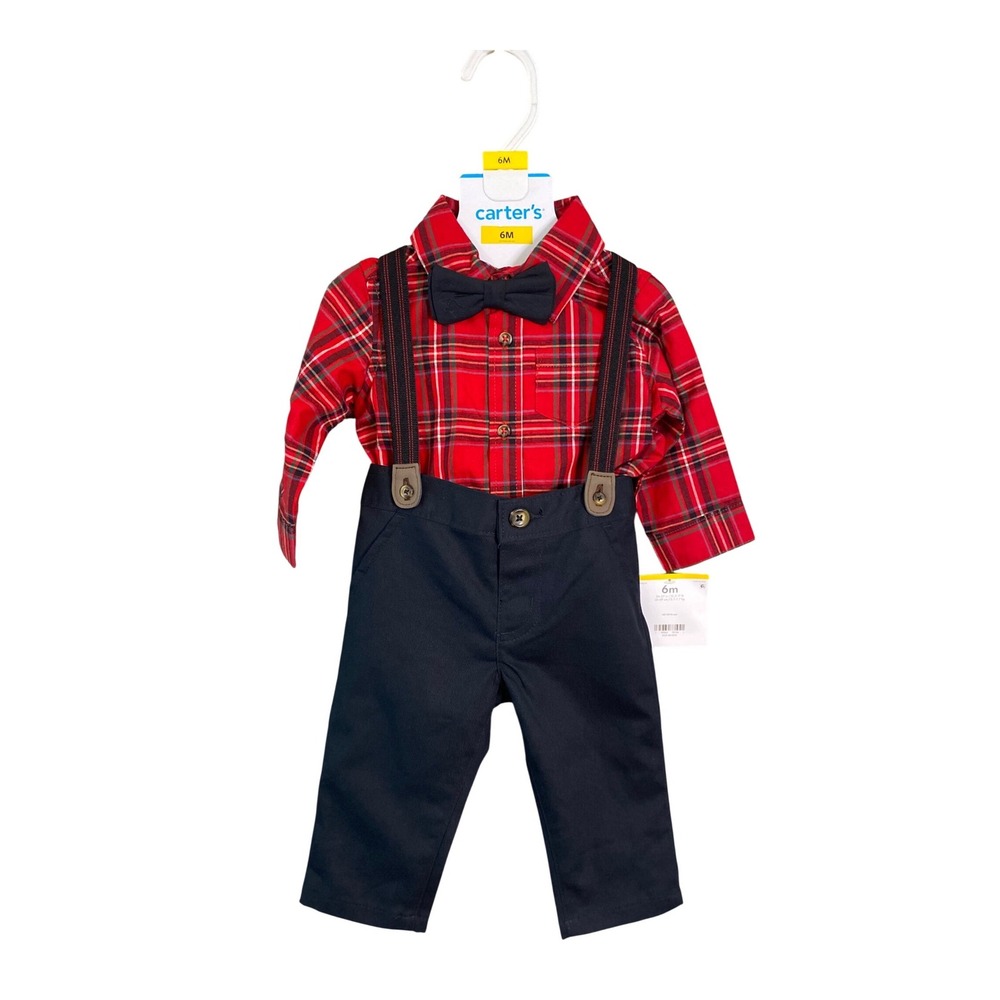 Carter's Baby Boy 4-Piece Red Plaid Shirt Navy Pants Suspenders Bow Tie Set 6M